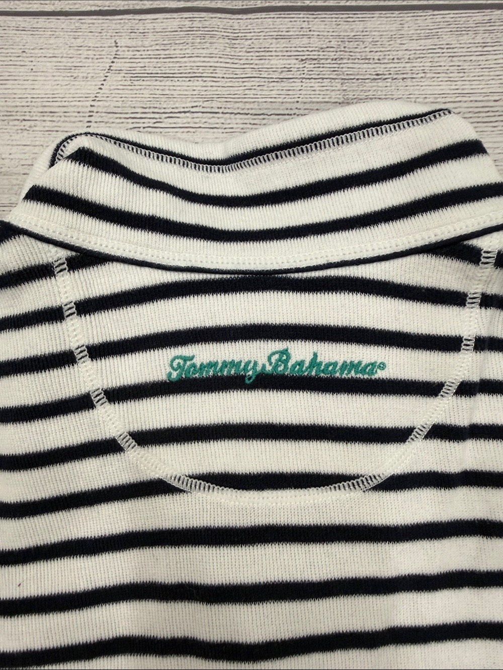 Tommy Bahama Navy & White Striped Quarter-Zip Pullover Tropical Collar Size L - Picture 4 of 5